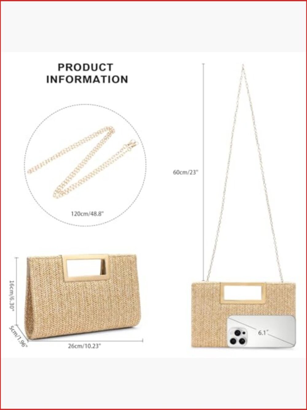 Straw Woven Clutch Handbag with Chain Strap - Evening Bag - Picture 4 of 7